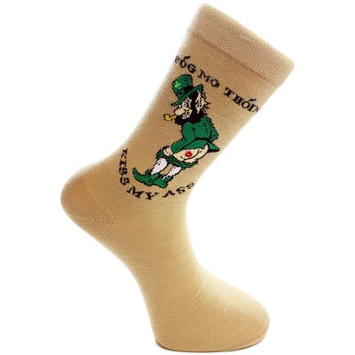 Beige Irish Socks With Pog Mo Thoin  Kiss My Ass and Leprechaun Print